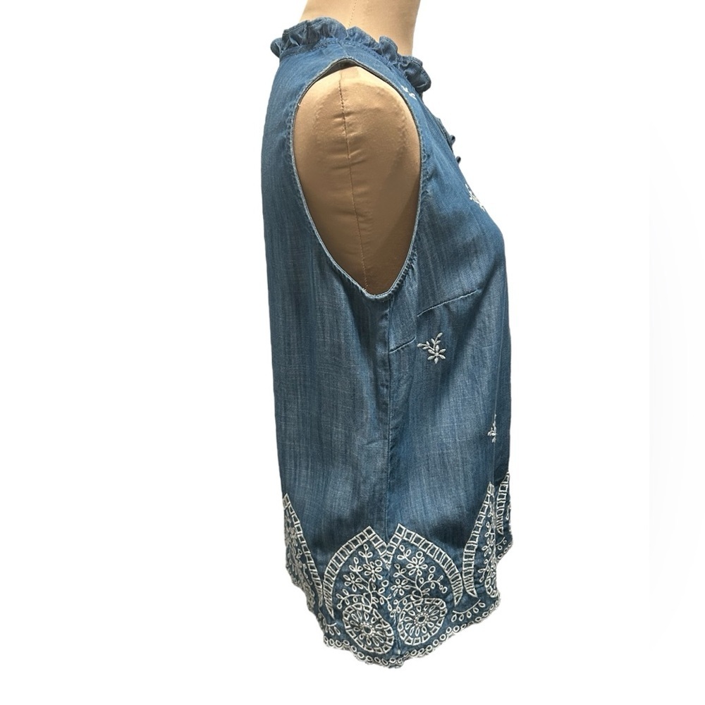 TALBOTS Ruffle Trim Embroidered Denim Shell Blue Tencel Lyocell Womens Sz Small. - Picture 4 of 10